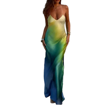 MQTIME  -  Women's Summer Boho Cami Long Dress Gradient Color Spaghetti Strap V-Neck Backless Beachwear Party Maxi Sundress